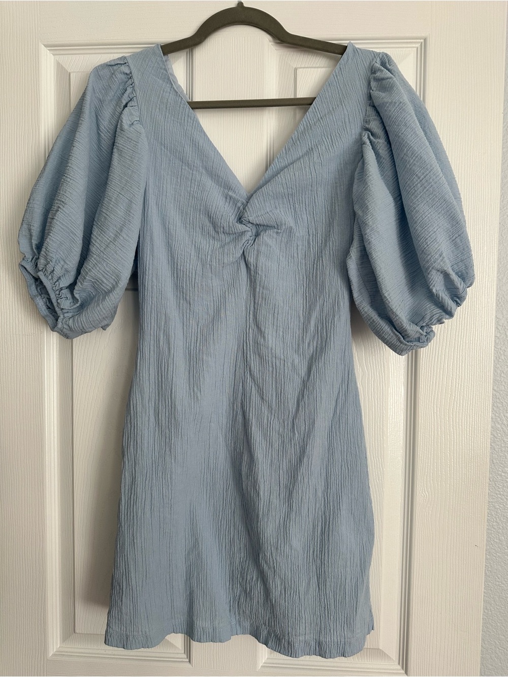 H&M Light Blue Puff-Sleeve Mini Dress (100% Cotton)